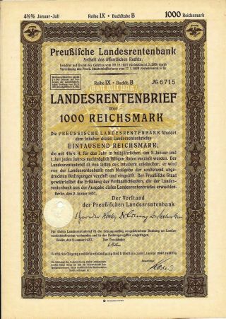 German State Pension Fund 1000 Reichsmarks Bond 1/2/1937 With Third Reich Eagle
