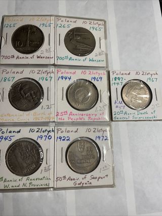 Poland Set Of 7 Commemorative Coins - All 10 Zlotych 1965 - 1972,  Paid $11 In 1979