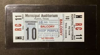 Deep Purple Concert Ticket Mar 18 1972 Austin Texas Blackmore.