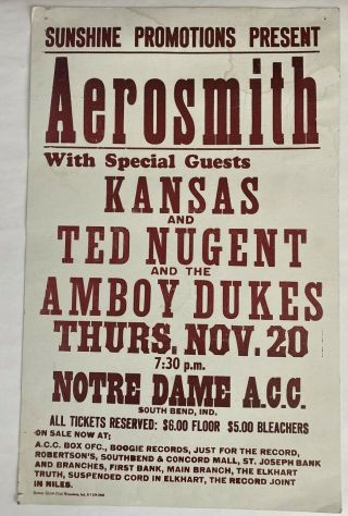 Aerosmith Nugent Amboy Dukes Kansas Poster 1975 Notre Dame Acc Concert