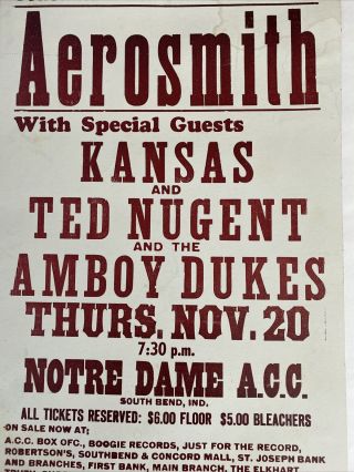 AEROSMITH NUGENT AMBOY DUKES KANSAS poster 1975 Notre Dame ACC concert 3