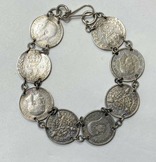 Great Britain 3 Pence 8 Coin Silver Bracelet 13.  3g