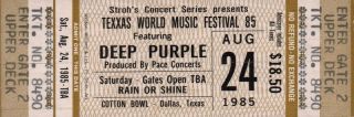 Deep Purple / Bon Jovi 1985 Texxas World Music Festival Ticket / Nm 2 Mnt