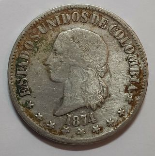 Colombia 1874 50 Centavos Bogota.  Partly Cleaned But Still Dirty.  See Photos.