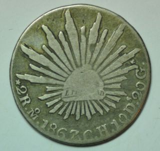 Mw15922 Mexico; Silver 2 Reales 1867 Mo Ch Km 374.  10