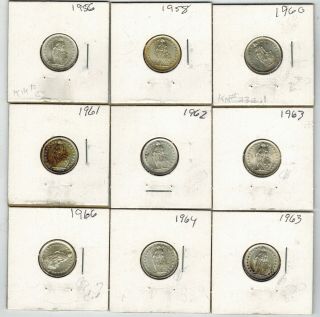 Switzerland,  Group Of 9 Silver 1/2 Francs 1956 - 1966; 0.  6 Ozt Asw