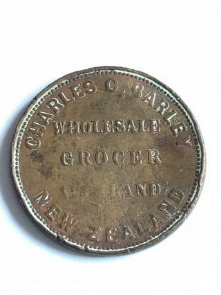 1858 Charles C.  Barley Grocer Auckland Zealand One Penny Token
