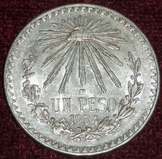Better Grade 1934 Mexico.  720 Silver Un Pesos,  Scarce Date,