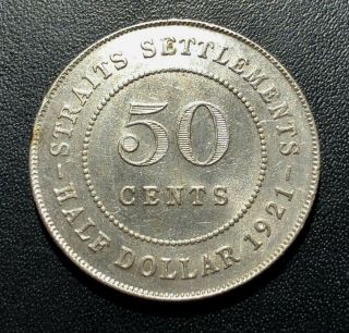 Straits Settlements 1921 50 Cents Silver Coin: George V