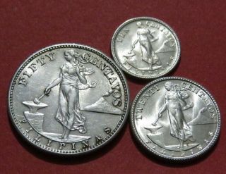 1944 Philippines 10 20 50 Centavos Silver Coins Bu Cond.  Wwii Combined