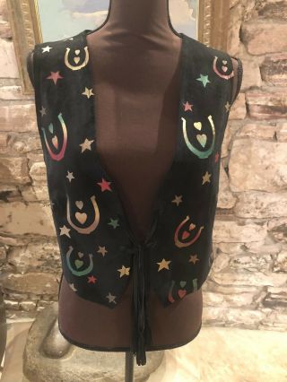 Vintage Char Of Santa Fe Black Leather Hand Painted Vest With Tassel Ties Size S