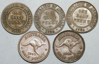 1922 1926 1936 1943 1948 Australia 1/2 Penny George V George Vi Coins (19113004r
