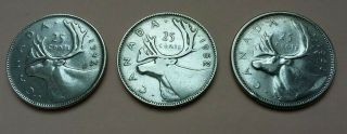 Canada 3 X 25 Cents Silver Coins Dated 1947 To 1956 George Vi Elizabeth Ii