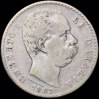 1887 - R Kingdom Of Italy 2 Lire Km 23 Foreign Silver Coin Umberto I