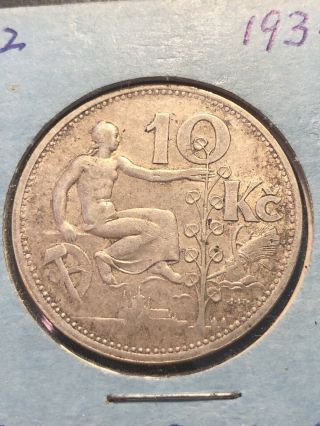 1932 Czech Republic Lime Tree Old Silver 10 Korun Coin