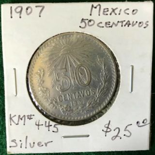 1907 50 Centavos Mexico Silver Coin - Km445 - T