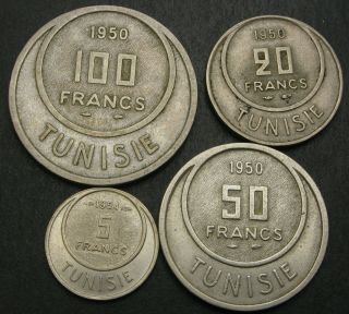 Tunisia 5,  20,  50,  100 Francs 1950/1954 - Copper/nickel - 4 Coins.  - 740