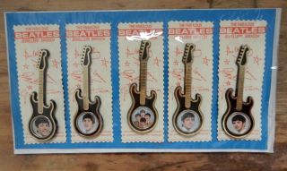 Vintage The Beatles Set Of 5 Invicta Guitar Brooches Pins Badges & Cards