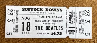 Beatles 1966 - Authentic Concert Ticket - Boston Suffolk Downs
