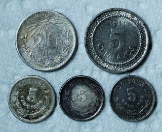 7 Mexico Centavos Coins 5 20 Centavos 1911 1892 Pi R 1901 Mo M 1900 Cn Q 1921