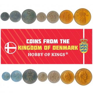 Set Of 7 Coins From Denmark: 1,  2,  5,  10,  25,  Ore,  1,  2 Kroner.  1947 - 1960