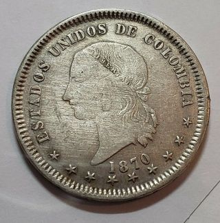 Colombia 1870 Cinco Decimos Bogota.  See Photos.  Cleaned But Great Eye Appeal.