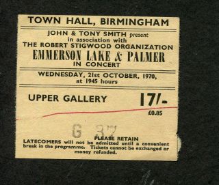 1970 Emerson Lake & Palmer Concert Ticket Stub Birmingham Uk Lucky Man Elp