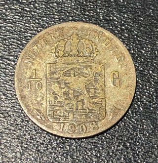 1908 Netherlands East Indies Indonesia 1/10 Gulden Silver Wilhelmina Coin