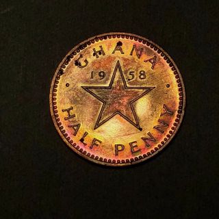 1953 Ghana Half Penny - Gem Proof - Colorful Toning