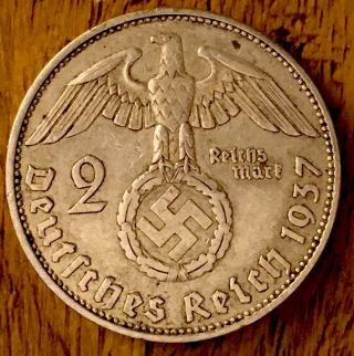 1937 A 2 Mark German Wwii Silver Coin Third Reich Reichsmark 5