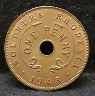1943 Southern Rhodesia Penny,  George Vi,  Bronze Brown Aunc/unc,  Km - 8a (sr5)