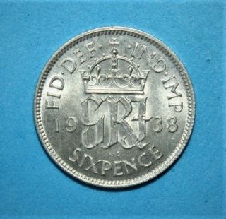Great Britain 6 Pence 1938 Brilliant Uncirculated Silver Coin - King George Vi