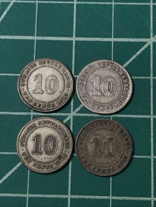 Straits Settlements 10 Cents 1910 1918 1919 1926 Silver