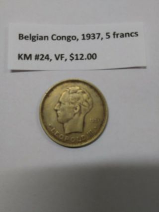 World Coin Belgian Congo,  1937,  5 Francs,  Km 24,  Vf Nickel - Bronze