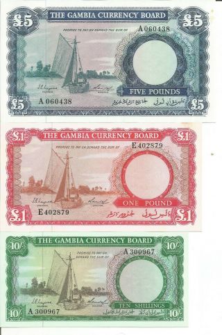 Gambia Set 5 Pounds,  1 Pound,  10 Shillings 1965 P 1 - 2 - 3.  Unc.  7rw 29oct