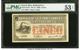 Puerto Rico Banknote Ferro - Carriles Railroad Company 5 Pesos Nd 1880 P - S101a