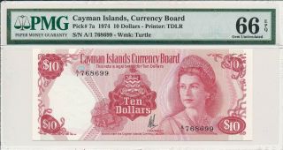 Currency Board Cayman Islands $10 1974 Prefix A/1 S/no 768699 Pmg 66epq
