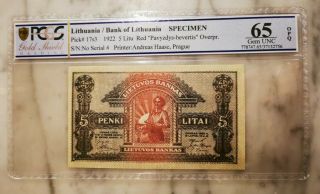 Extremely Rare Lithuania Banknote Of 5 Litu Specimen 1922 Gem Unc 65 Pcgs