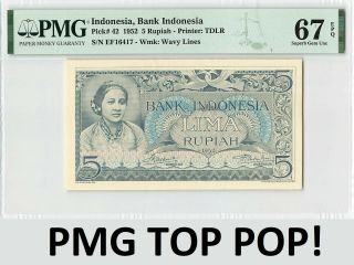 Indonesia 5 Rupiah 1952 Tdlr Pick 42 Pmg Gem Uncirculated 67 Epq Top Pop