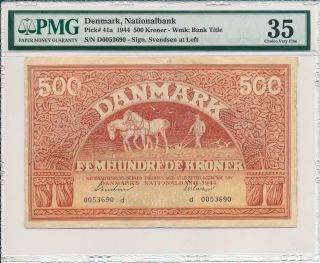 Nationalbank Denmark 500 Kroner 1944 Rare Pmg 35