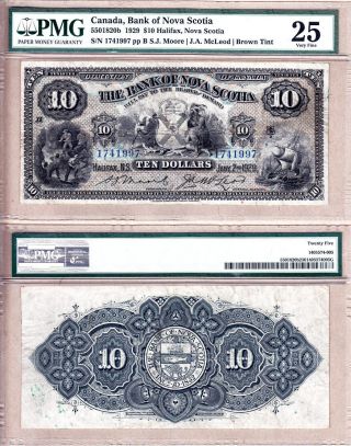 Bank Of Nova Scotia $10 1929,  Pmg Vf25.  Arms Of Nova Scotia,  Large Note