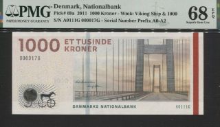 Tt Pk 69a 2011 Denmark Nationalbank 1000 Kroner Pmg 68q Gem Uncirculated
