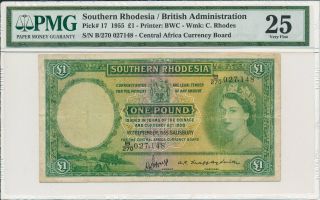 Central Africa Currency Board Southern Rhodesia 1 Pound 1955 Rare Pmg 25