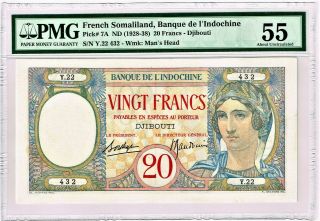 French Somaliland: Djibouti 20 Francs Nd (1928 - 38) Pick 7a,  Pmg About Unc 55.