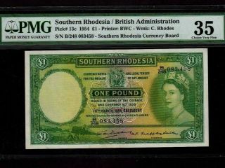 Southern Rhodesia:p - 13c,  1 Pound,  1954 Queen Elizabeth Ii Pmg Vf 35