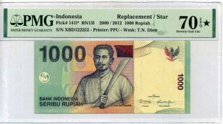 Indonesia 1000 R.  2000/2012 P 141 L Replacement Gem Unc Pmg 70 Epq Extra