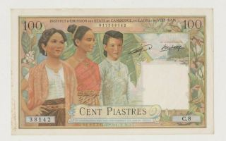 French Indochina P 103 Laos 100 Piastres 1954 Woman Xf