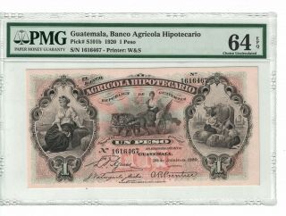 Guatemala 1 Peso 1920 Pick S101b Pmg: 64 Epq Choice Unc.  (1830)