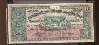 1912 - 13 Newfoundland 25 Cents Government Cash Note Vf Fm59