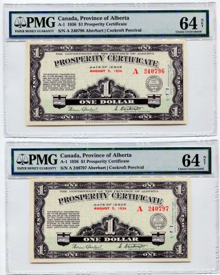2x Consecutive Serial Number 1936 Alberta Prosperity Certificates Pmg Ch Unc 64